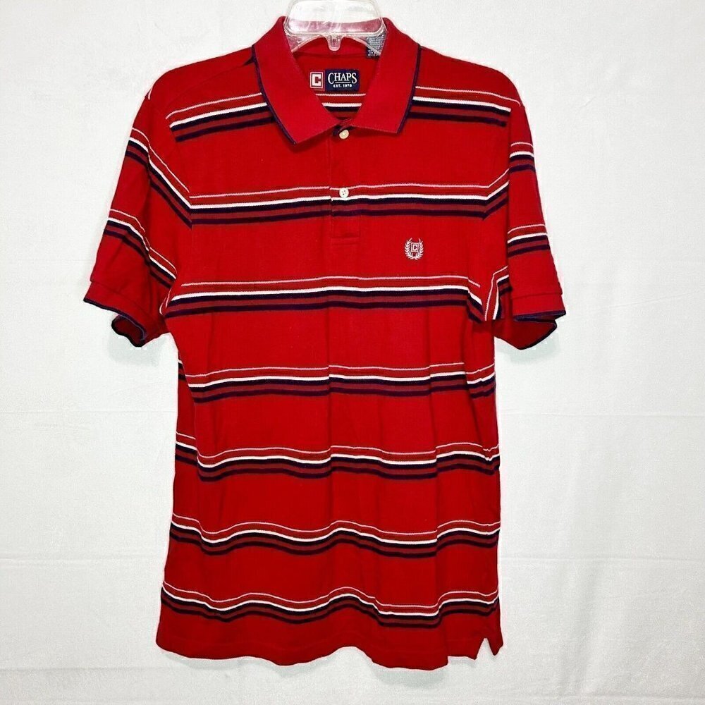 Chaps Polo Shirt Mens Sz M Red White Navy Short Sleeve Striped